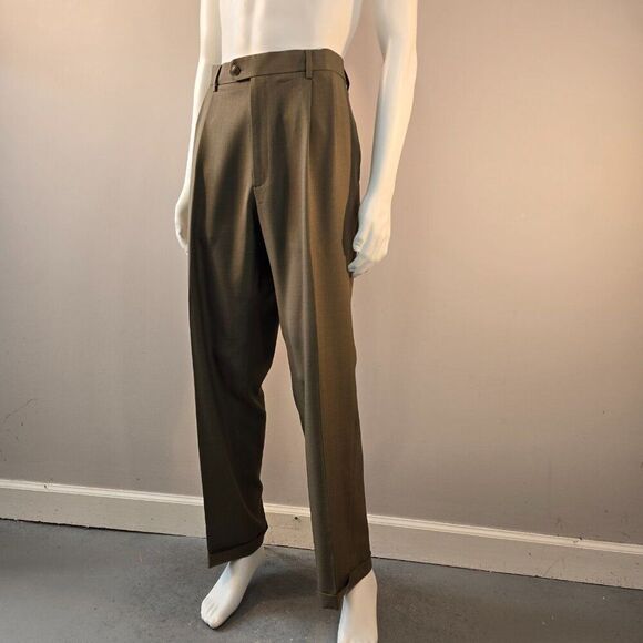 Haggar Dress Pants Mens 38x32 Brown Classic Fit ECLO STRIA Pleated Front Cuffed - Picture 6 of 9